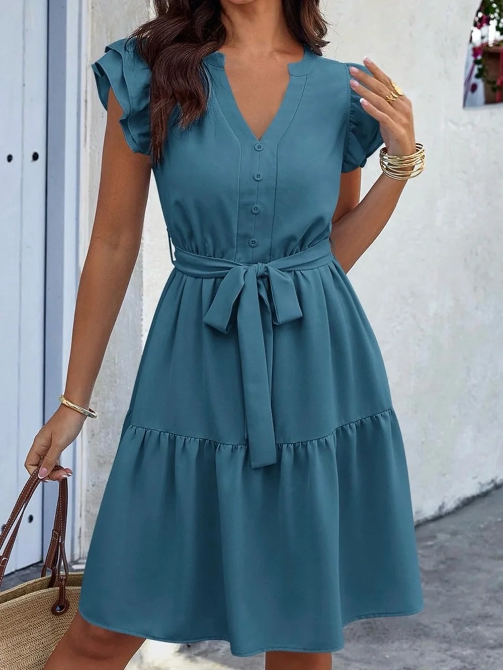 Women’s Teal V-Neck Tie-Waist Dress - Picture 1 of 4
